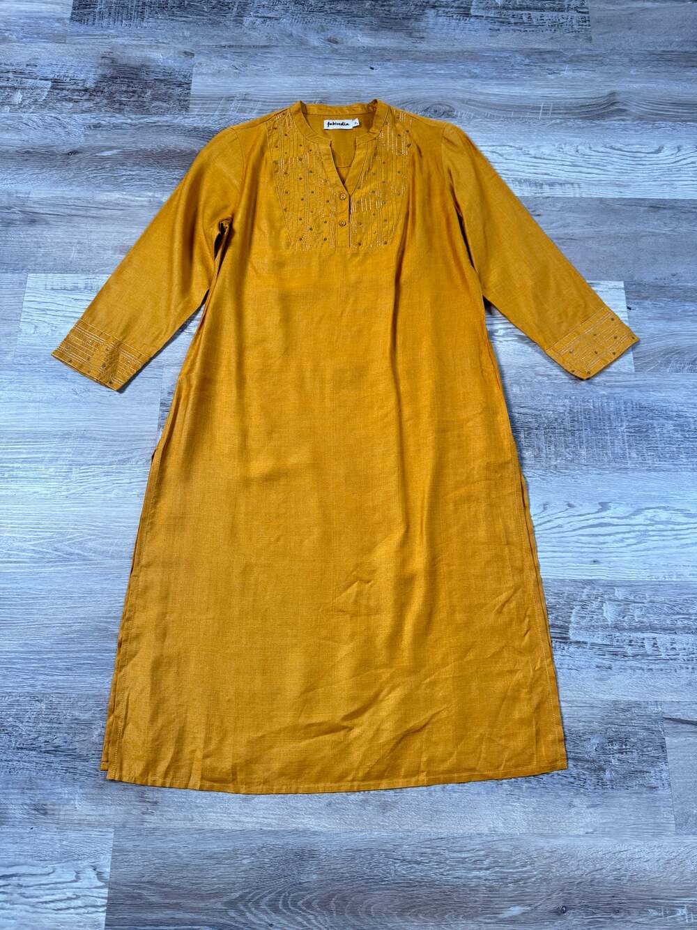 Fabindia Silk Blend Embroidered Sequin Kurta Tunic Dress Indian Boho Mustard S